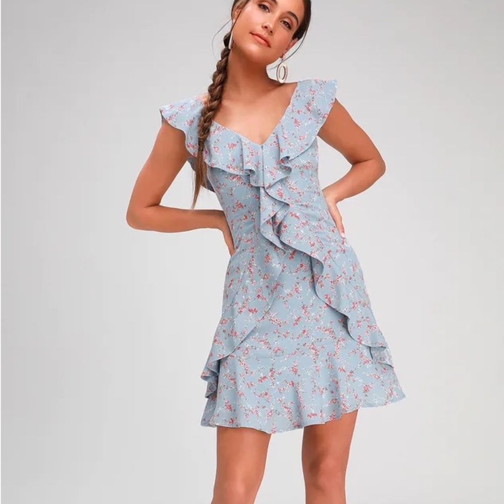 Lulus Radiant Rosa Light Blue Floral Print Ruffled Mini Dress EUC